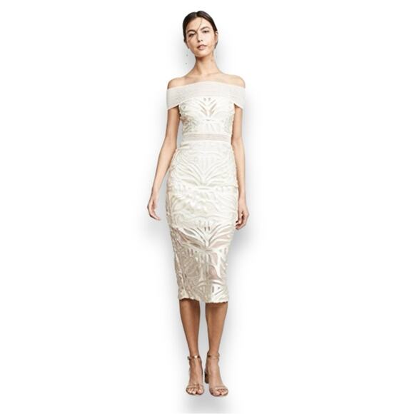 Alice McCall Lunar Eclipse Midi Dress Off Shoulder Mesh Devoré Oatmeal 0 Women’s - Picture 13 of 13